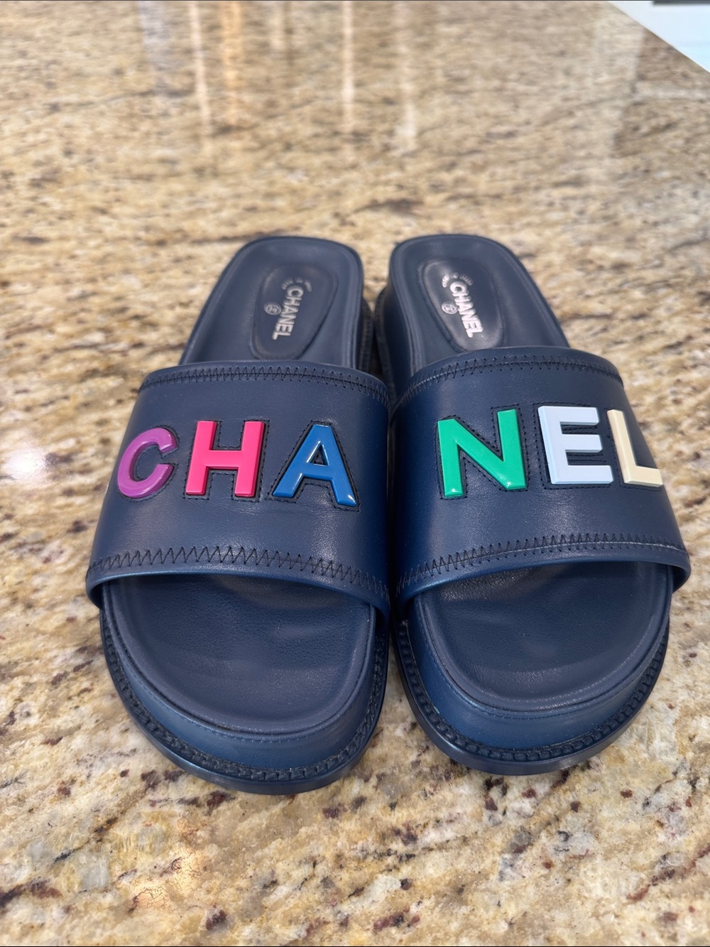 CHANEL Navy Kids Slide Sandals with Multicolor Lettering